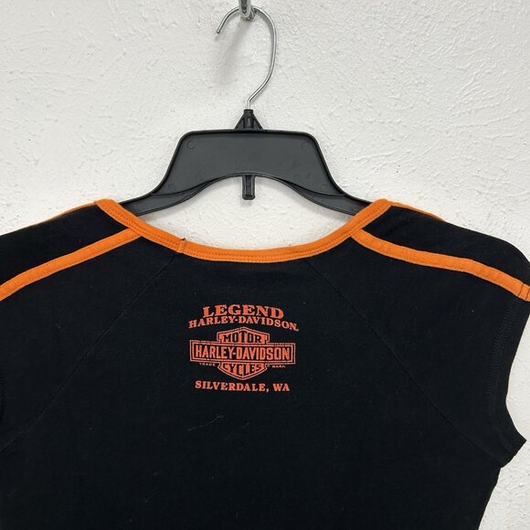 Harley Davidson Cap Sleeve V neck Shirt Black Orange Side Spell Out Logo Size L - Picture 5 of 8